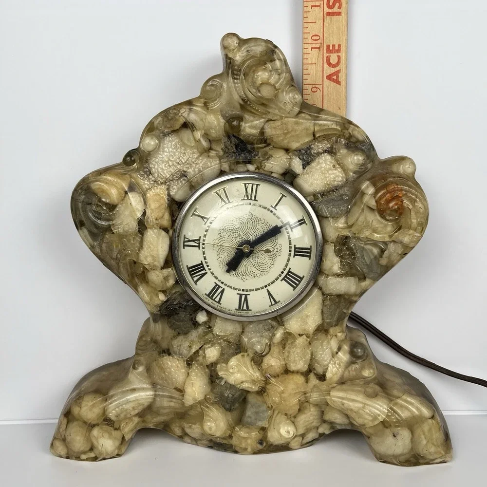 Vtg MCM Lanshire‎ Resin Embossed Rock Vomit Mantle Clock WORKS - FLAWS - AS IS